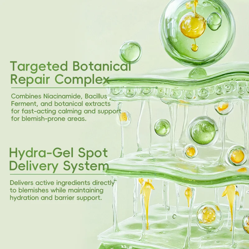 Illustration of a targeted botanical repair complex and hydra-gel spot delivery system with descriptive text.